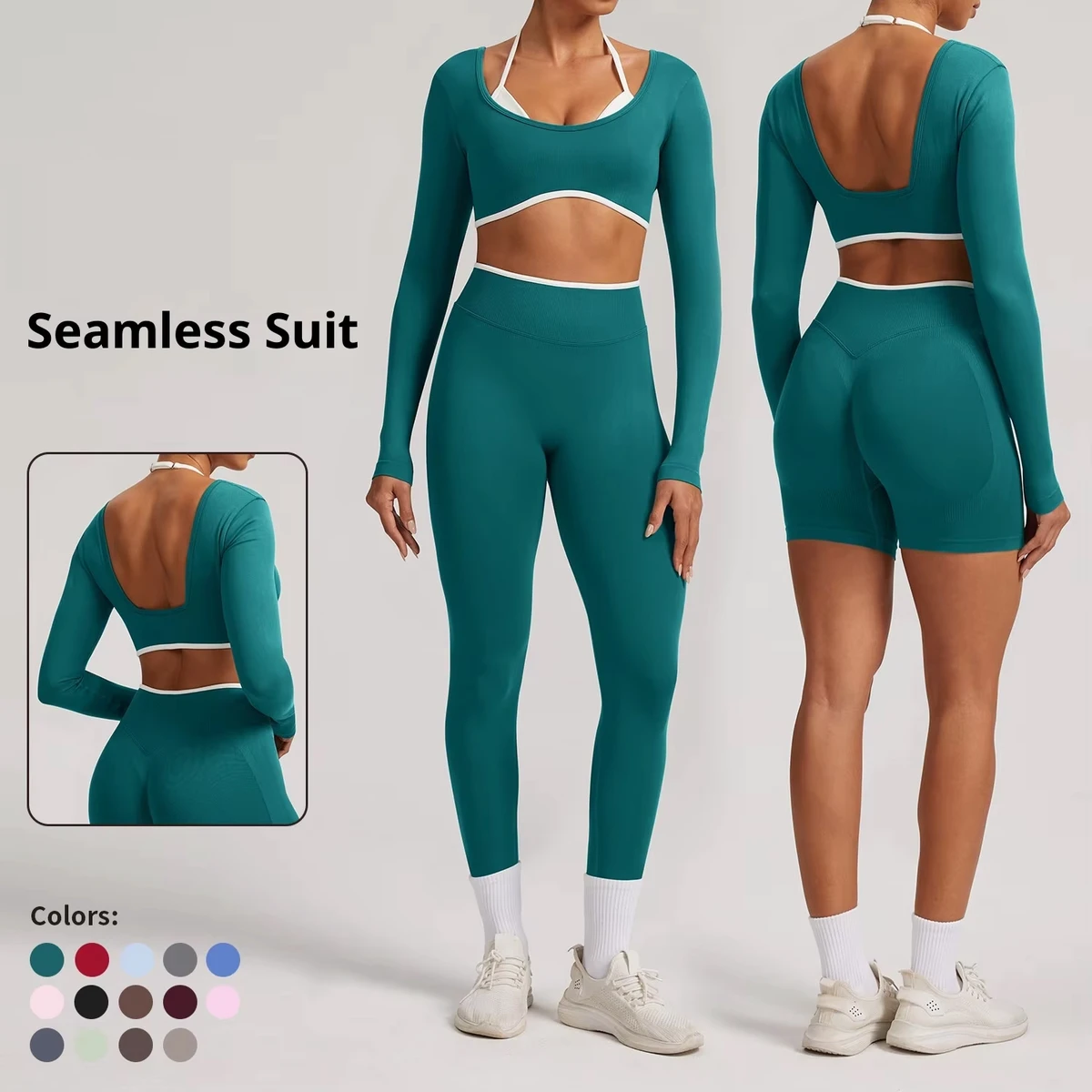 TongJoes Women's Solid White Crew Neck Trim Breathable Yoga Set Long Sleeves Racerback High Waist 2-Piece Front Logo For Sports