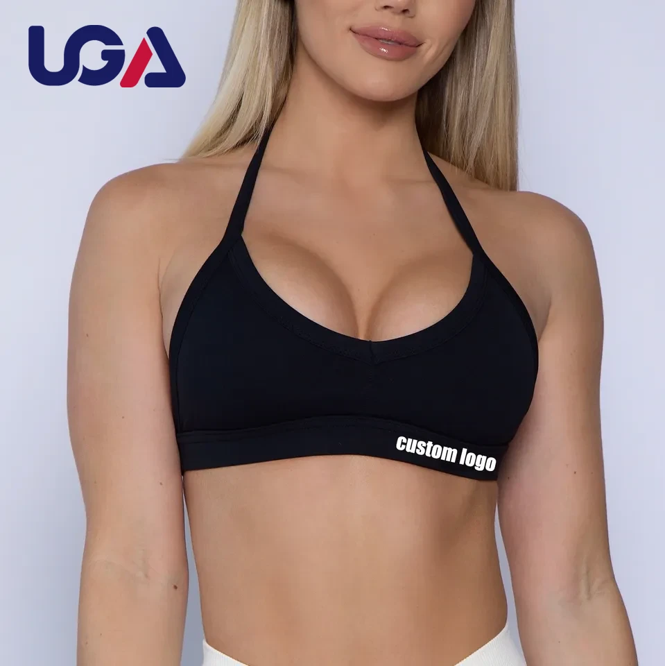Custom Women Gym Active Yoga Wear Front Halter Backless Strappy Padded Spandex Sport Bra