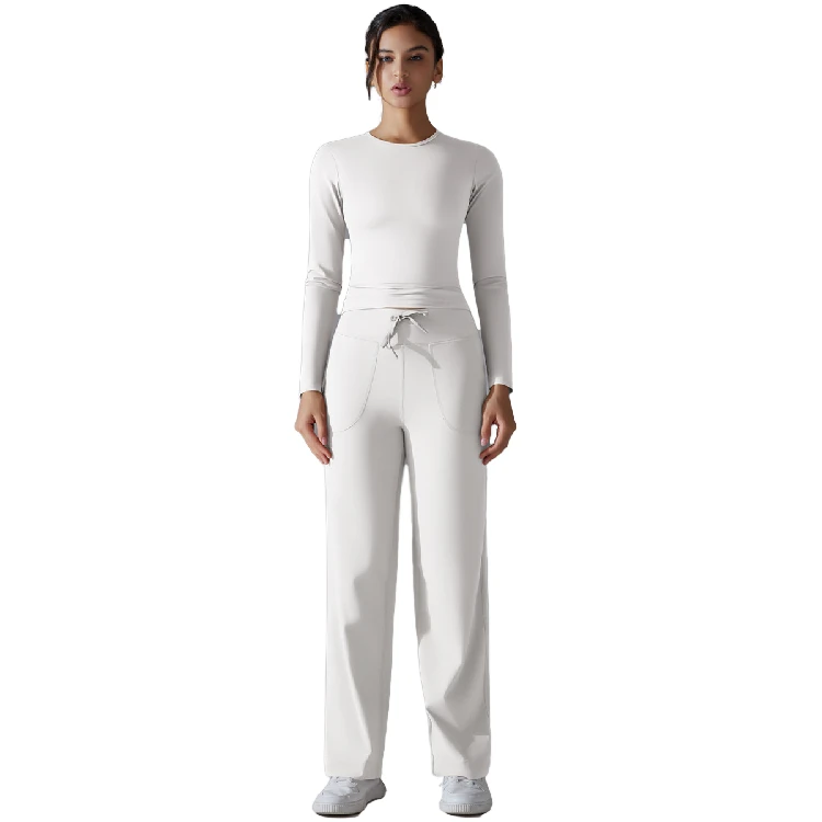 Premium Quality Double Face Nylon Long Sleeve Yoga Set High Waist Wide Leg Workout Outfit 2 Piece Running Fitness Wear