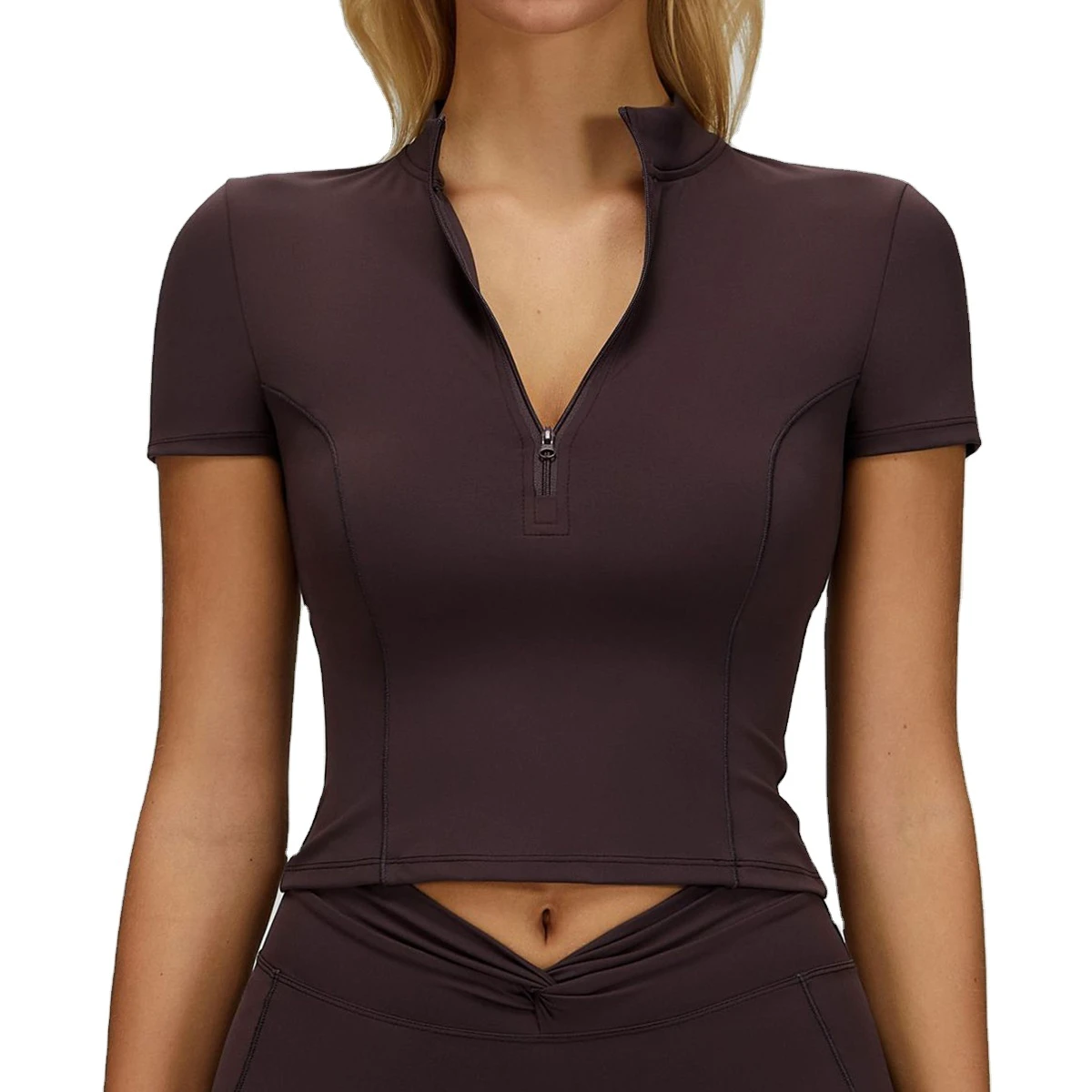 Women's Naked-Feel Yoga Short-Sleeve Stand Collar Zipper-Front Fitted Sports Top for Outdoor Running and Fitness