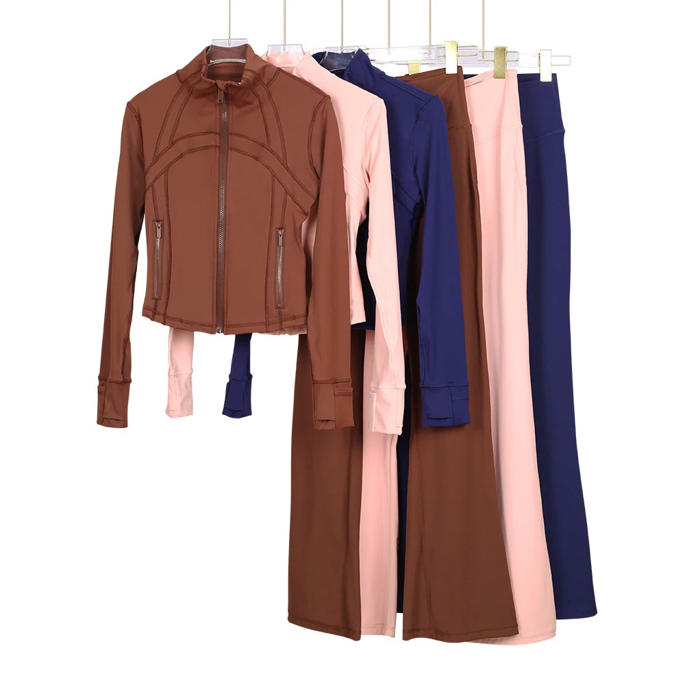 Women's Full Zip Slim Fit Yoga Jacket Flare Pants 2 Piece Workout Set High Elasticity Stretchy Gym Fitness Suit Thumb Holes
