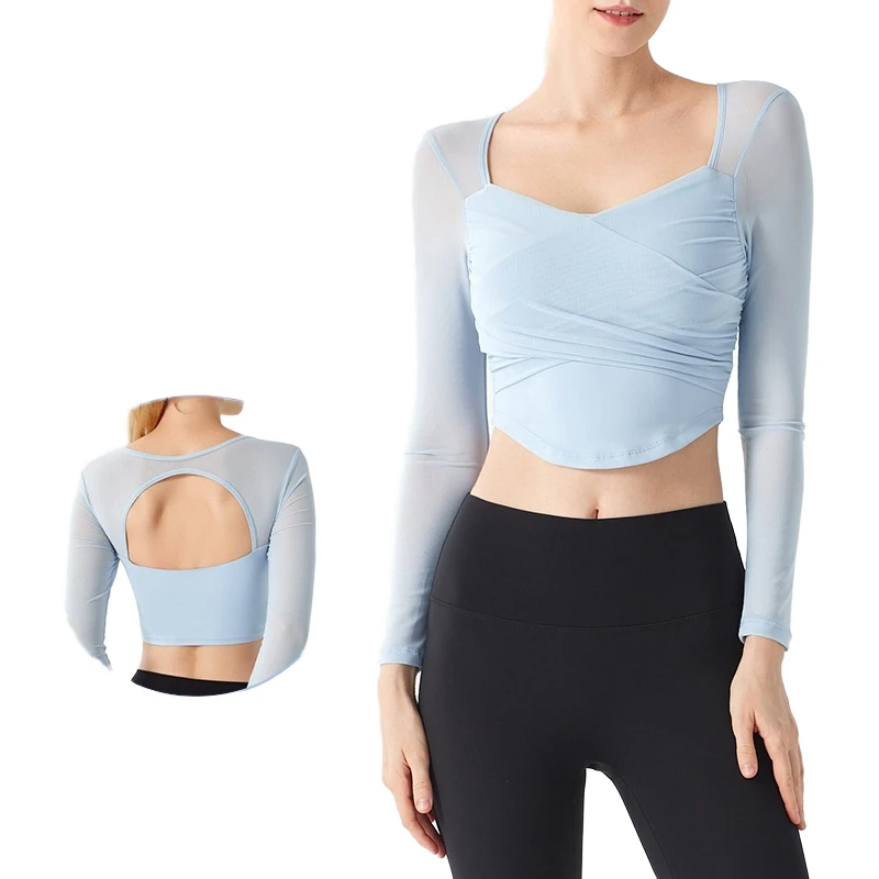 Women Mesh Long Sleeve Yoga Shirts Chest Pads Breathable Quick-Dry Sports Bra Fitness Wear Gym Crop Tops Square Neck