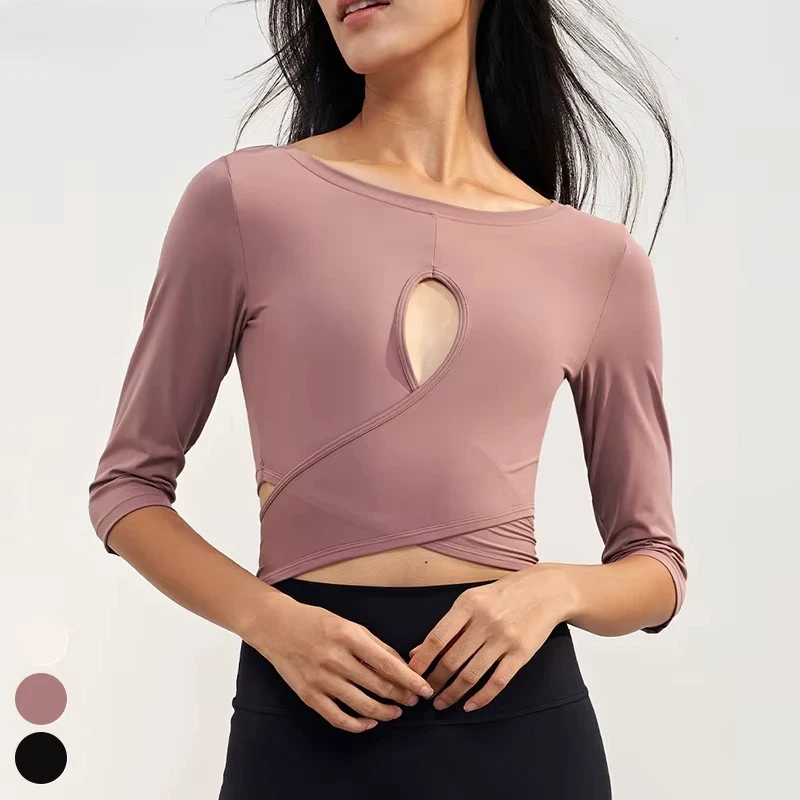 Custom Logo Workout Wear Cross Hem Hollow Out Running Crop Top Six-quarter Sleeve Short Fitness Sports Top Yoga Tshirt for Women