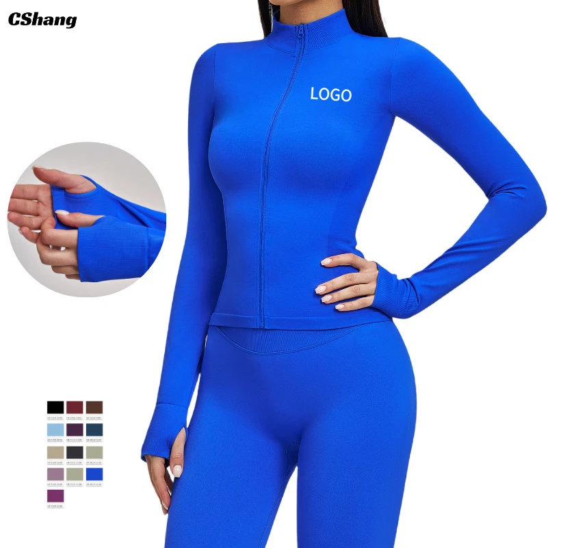 Custom Logo Women Sportswear Skinny Seamless Breathable Top Active Stretch Sweat-Wicking Gym Yoga Wear Long Sleeve Jacket