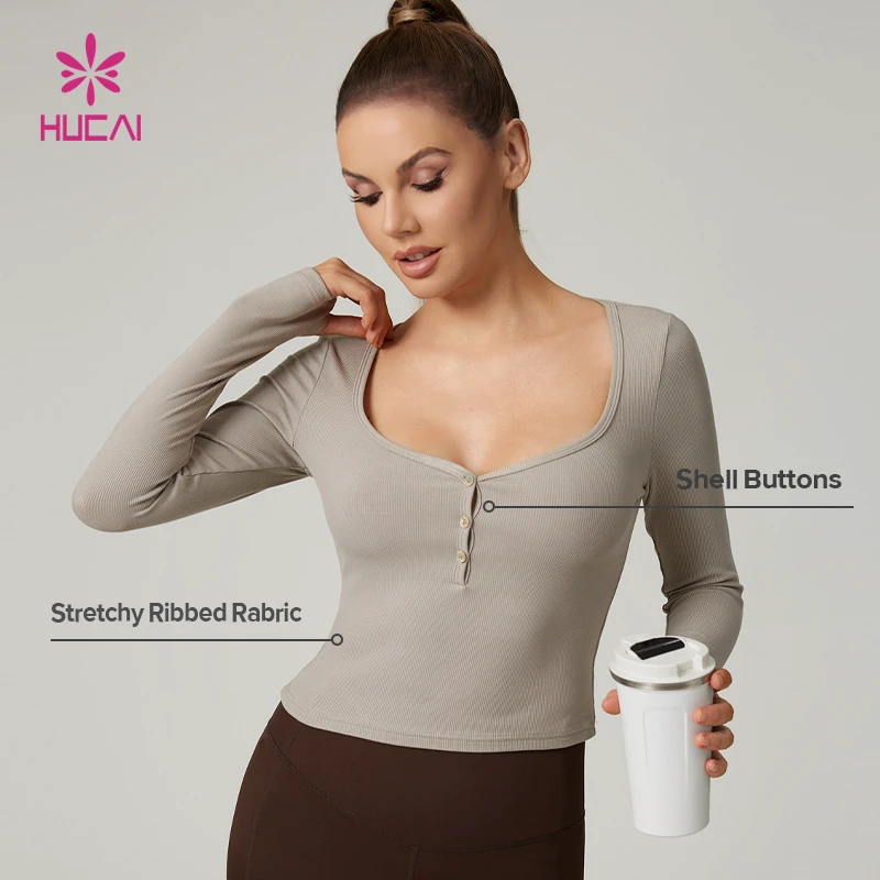HUCAI Custom 90.2% Viscose 9.8% Spandex Square Neck Stretchy Ribbed Slim Fit Long Sleeve Yoga Top Workout Women Gym t Shirt