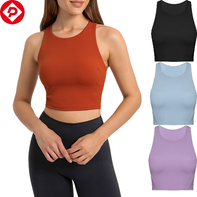 Custom Yoga Wear Summer Crewneck Workout Tops High Elastic Women Crop Top Vest With Chest Pad