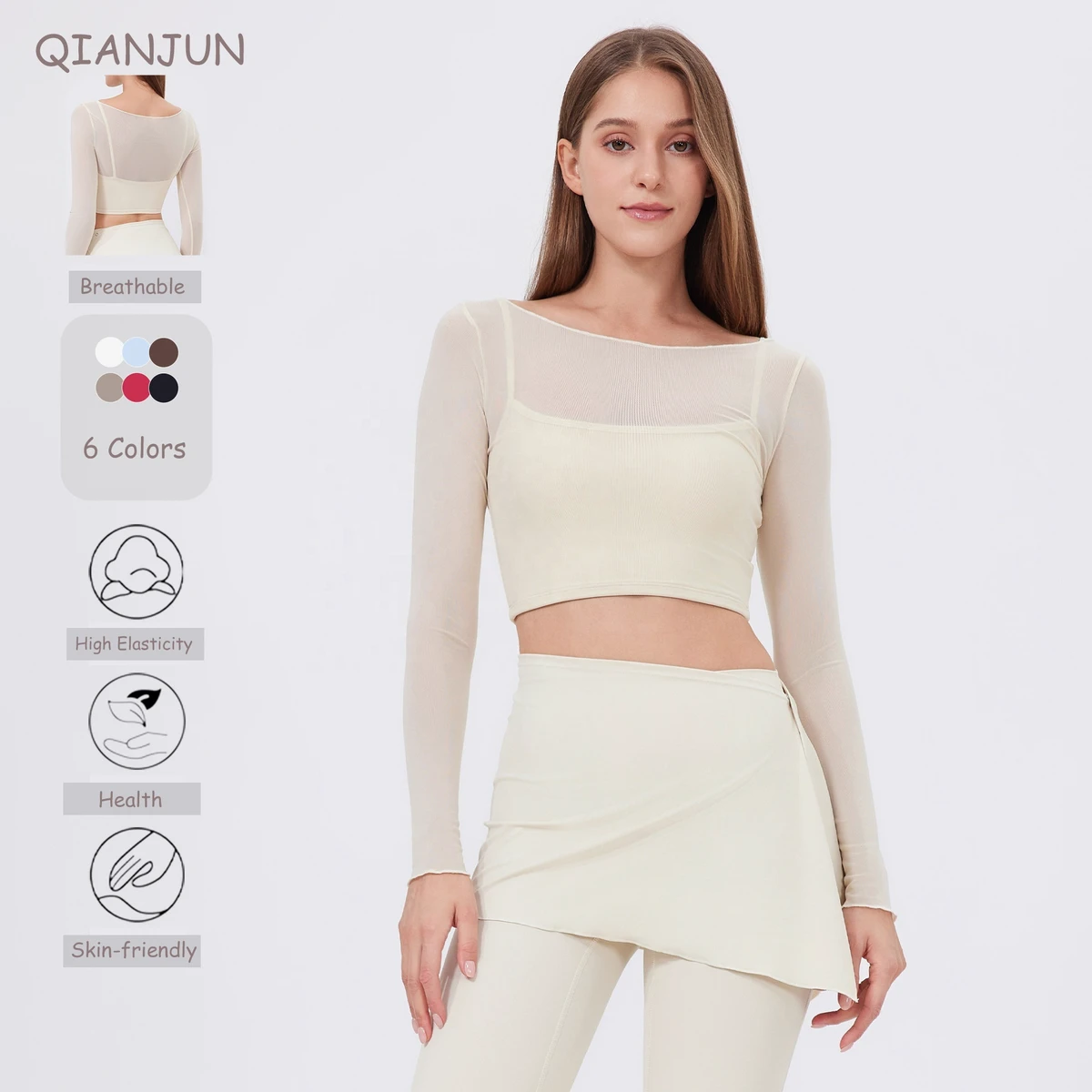Customized Women Pilates Gym Wear Top Long Sleeve Crop Tops 2 in 1 Mesh Casual Outdoor Exercise Wear Gym Top