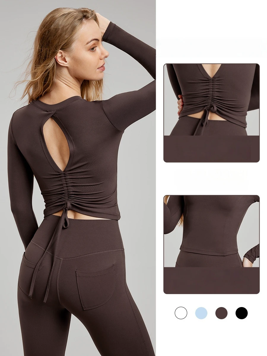 Pleated Drawstring Hollow Back Fitness Yoga Top Four-Way Stretch Long Sleeves Padded Gym Crop Top for Women