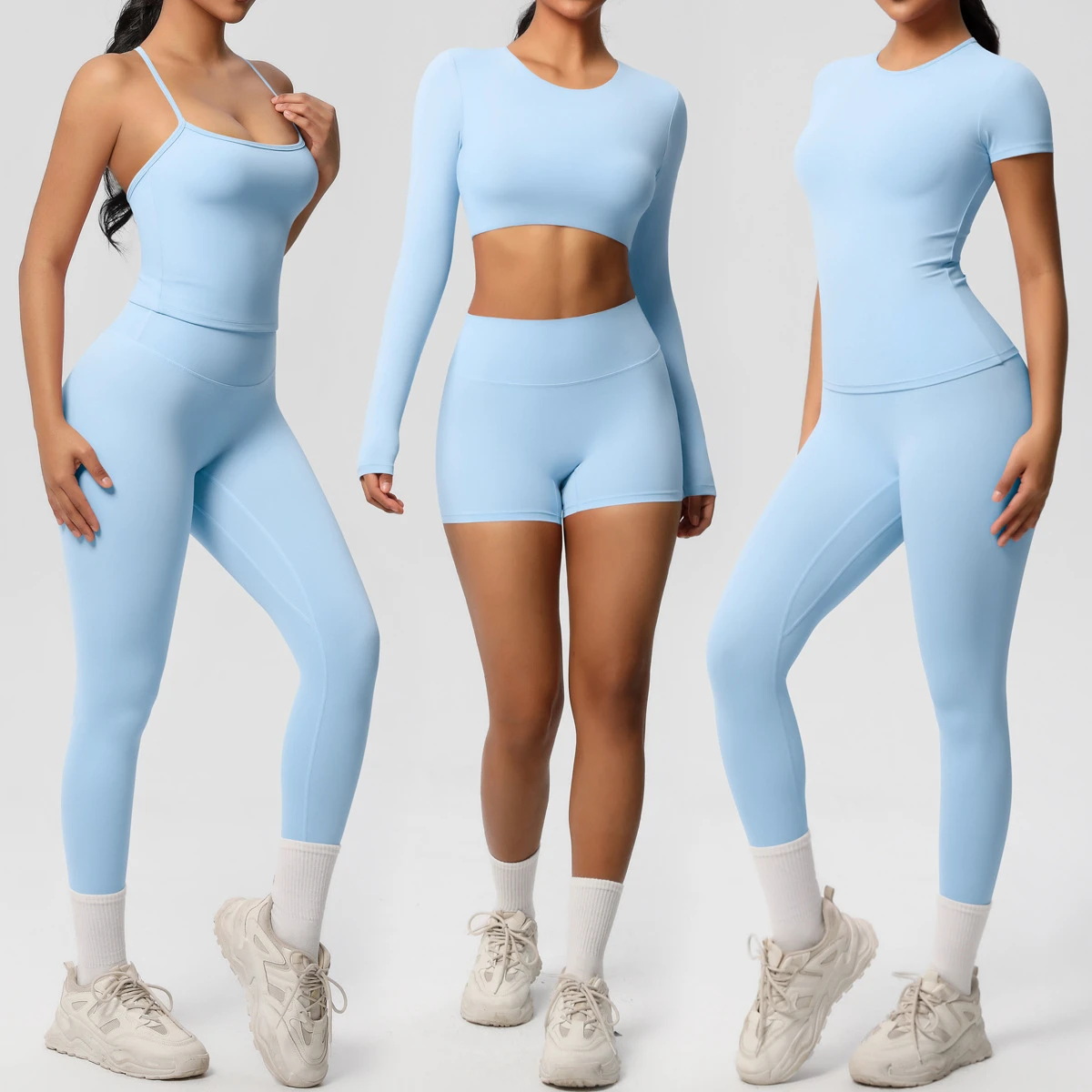 Compression Solid Athletic Wear Yoga Sets Women 6-Piece Long Sleeve Shorts Leggings Jackets Crop Top Breathable Quick Dry Active