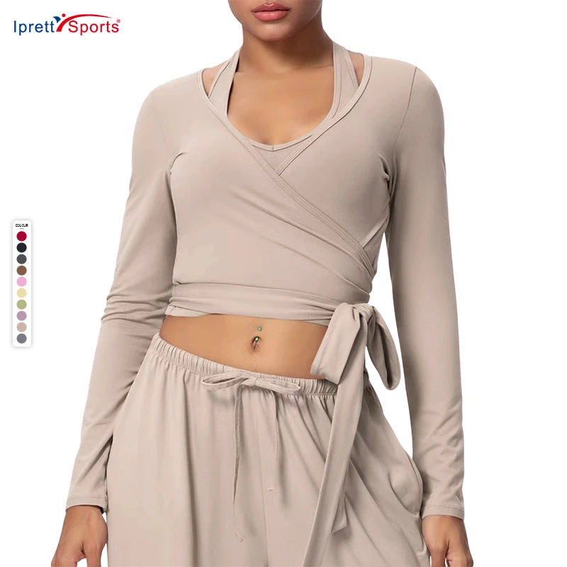 Hot Waist Tied Design Women Active Fitness Wear Long Sleeve Blouse Shirt V Neck Yoga Wrap Top Clothes