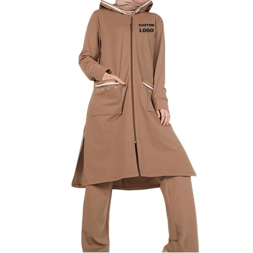 Wholesale Islamic Ethnic Ladies Full Zip Up Modest Tracksuits Sets Arabian Breathable Long Tall Track Suit With Hooded 2 Pockets