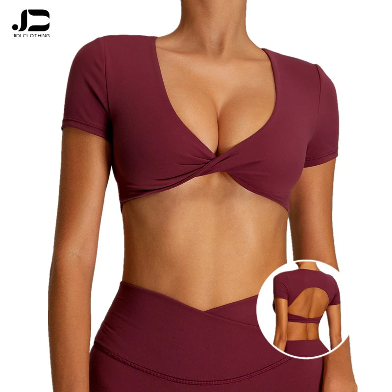 Women Tight V-Neck Short Sleeve Sports T-Shirt Twist Design Back Hollow Out Sportswear Workout Fitness Yoga Crop Tops