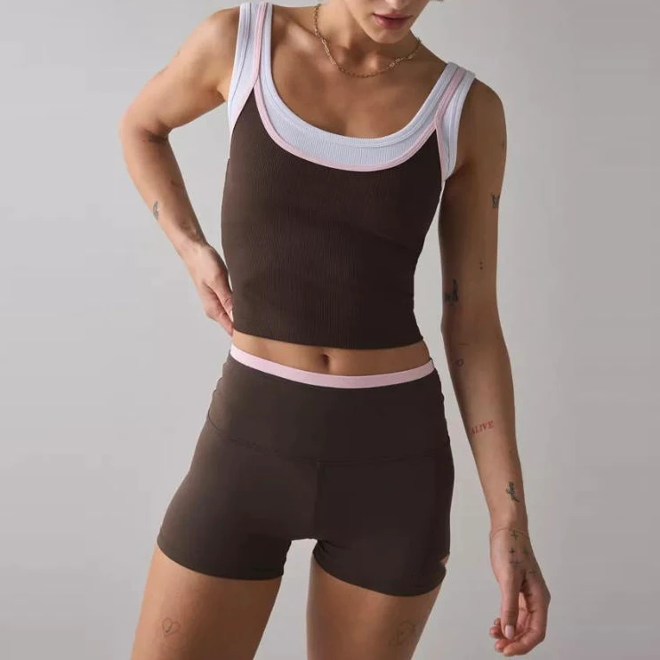 OEM Custom Quick Dry Ribbed Yoga Tank Top Double Layer Contrast Trim Cropped Workout Fitness Top With Private Label