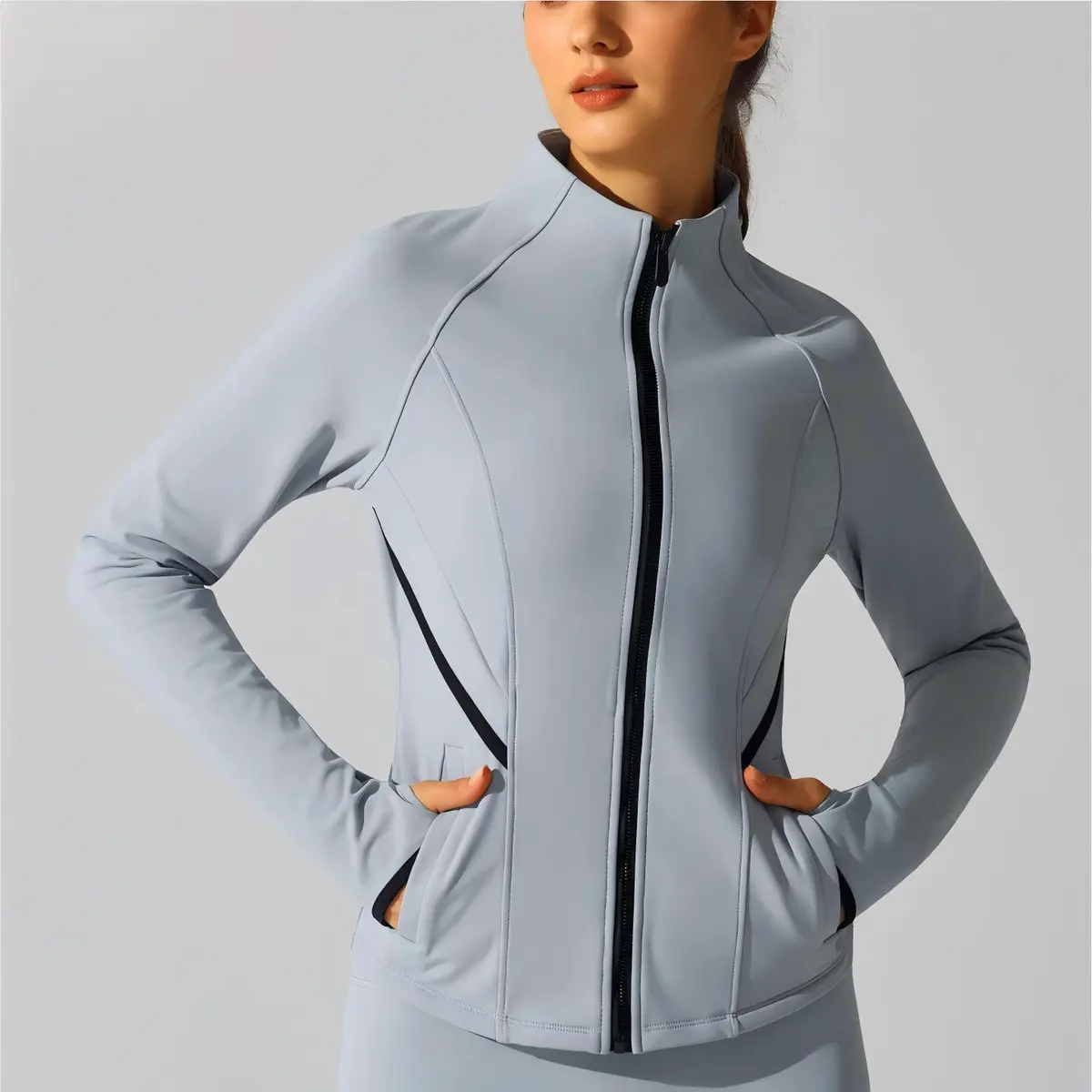 MAYYOUNG Winter Yoga Long-Sleeved Warm Fleece-Lined Jacket Fitness Stand Collar Zipper Top Tight-Fitting Sports Running Top