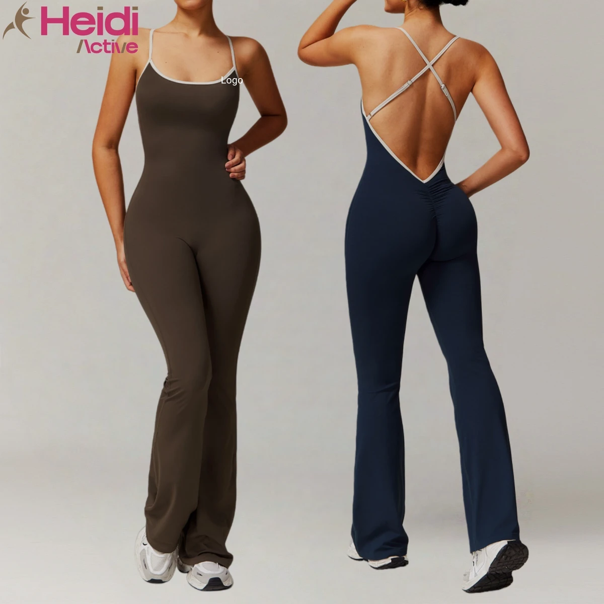 High Quality Gym Wear Breathable Quick Dry Adjustable Cross Strap Scrunch Butt Flared Leg One-Piece Bodysuit Yoga Jumpsuit