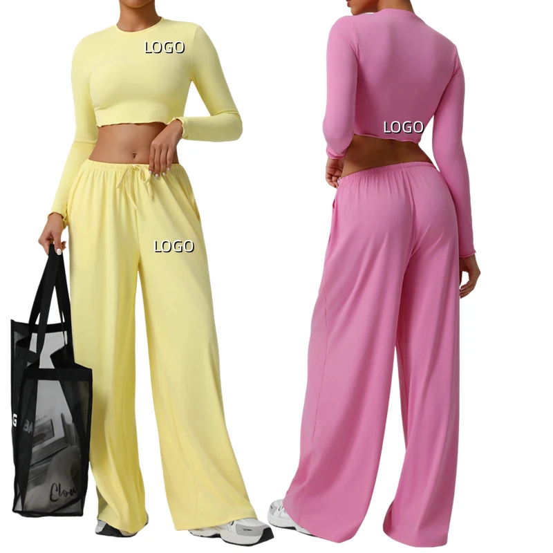 Custom New Fashion Two Piece Sets Women Long Sleeve Crop Top High Waist Drawstring Pocket Wide Leg Pants Gym Wear Yoga Set