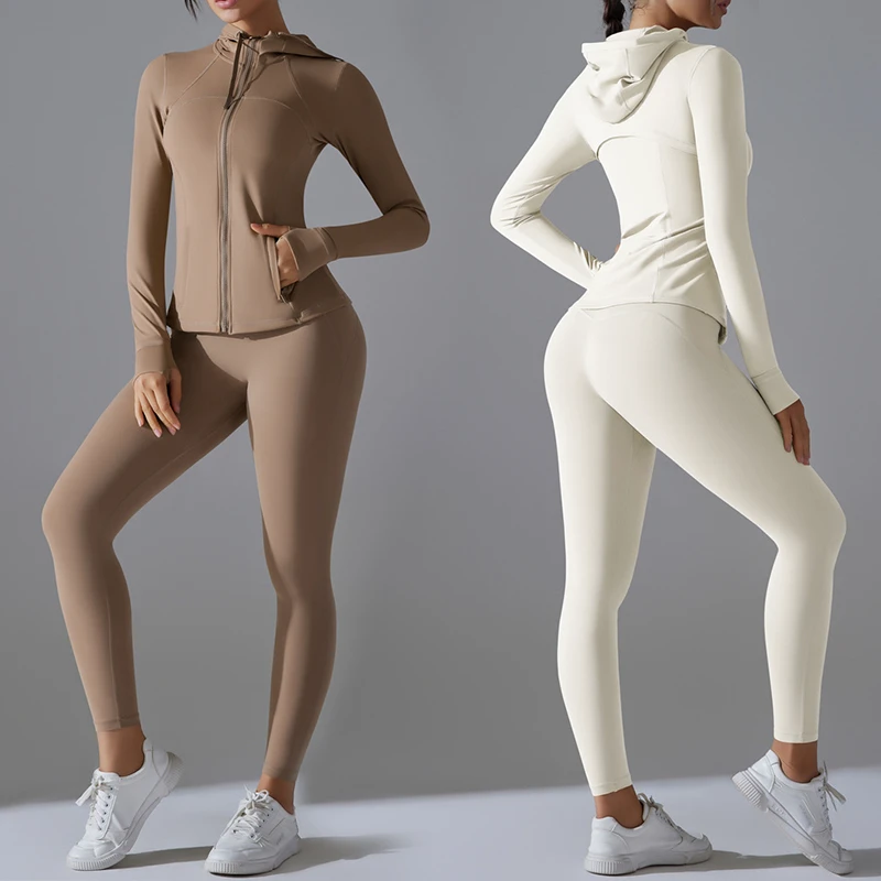 YIYI Wholesale Women's Two Piece Tracksuit Set Long Sleeve Zipper Hoodie Jacket With Yoga High Waist Leggings Workout Set