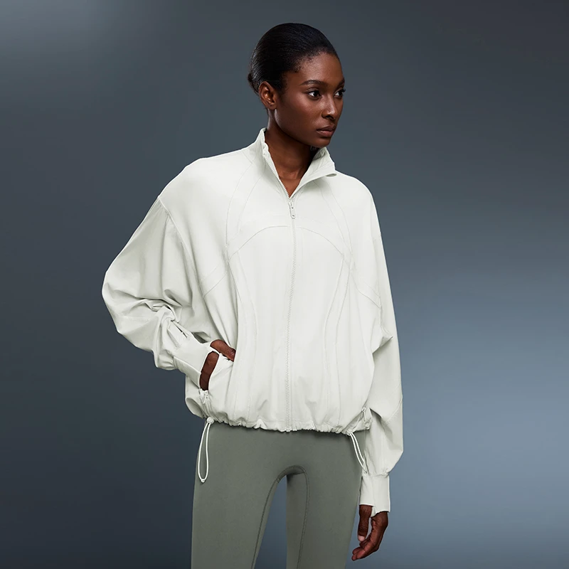 Women Windproof Stand Collar Yoga Top Jacket Drawstring Hem Loose Fit Simple Versatile Autumn New Sports Gym Outerwear Wholesale