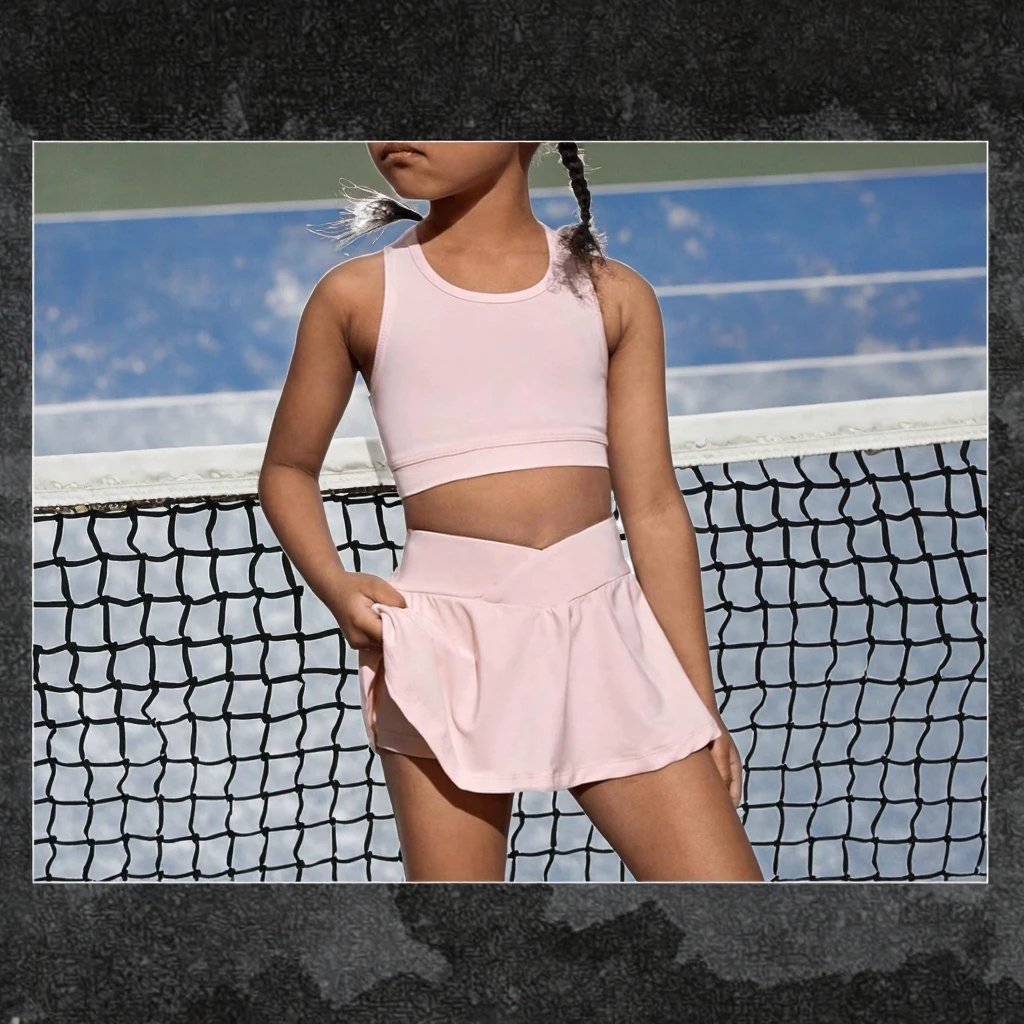 2-Piece Workout Outfit for Adults Front Logo Designed Crop Tank Tops Skort Skirt Set with Sports Bra Girls' Fitness Clothing