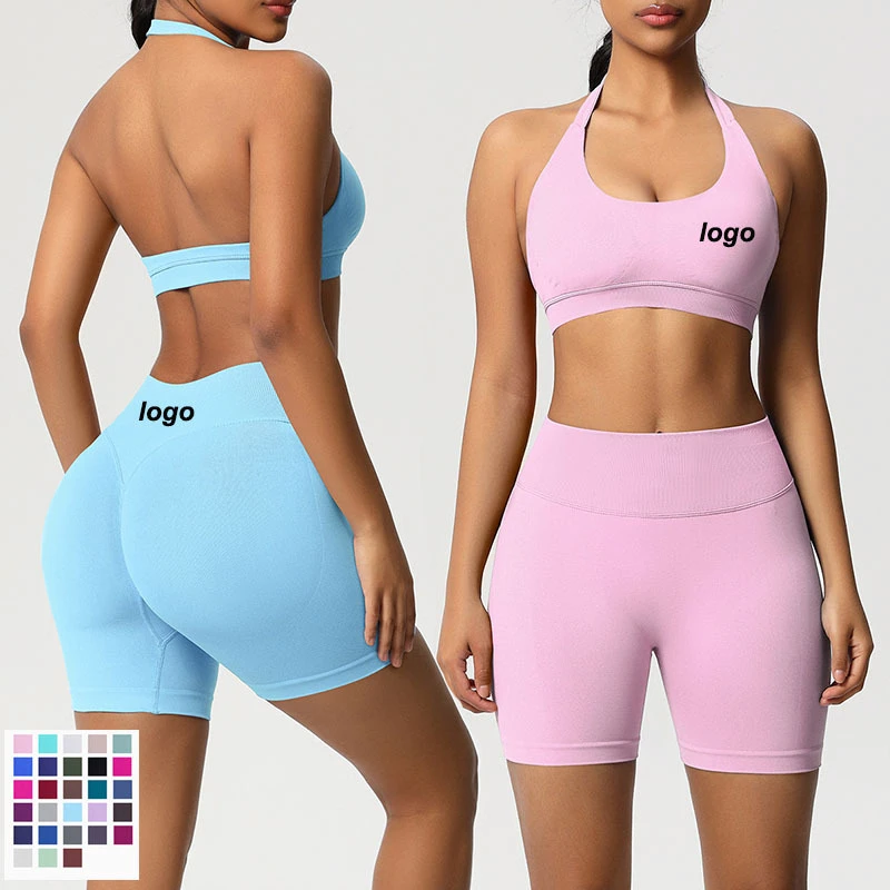 Custom Logo Seamless Yoga Set Supportive Halter Bra High Waist Elastance Shorts Women's Sports Suit Fitness Workout Wear