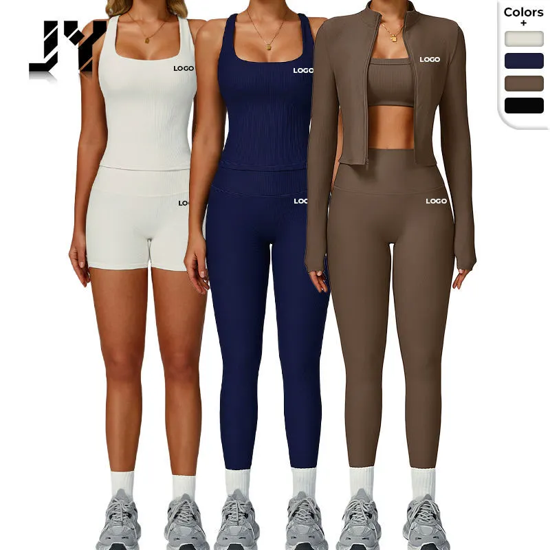Women's 3-Piece Workout Set Spandex/Nylon Breathable Four-Way Stretch Quick Dry V-Neck Full-Length Leggings Long Sleeve Jacket
