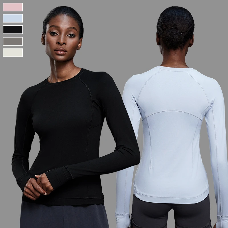Custom Logo Activewear Breathable Elastic Tight Gym Sports Shirt Comfort Women's Crew Neck Long Sleeve Fitness Yoga Top