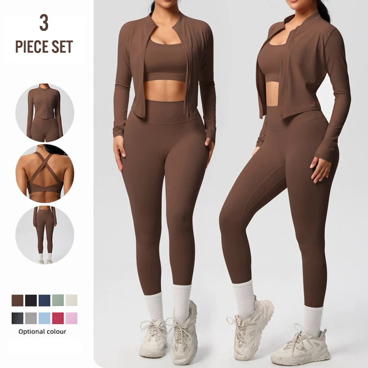 High Quality 3 Piece Women Yoga Set Custom Logo Sports Bra High Waist Leggings Long Sleeve Jacket Quick Dry Fitness Active Wear