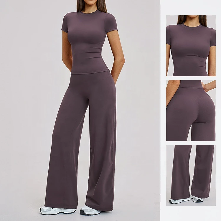 Yoga Set Solid High-Waisted Loose Shorts Tight-Fitting Short-Sleeve Top Eco-Friendly Breathable Sports Fitness Set Outdoor