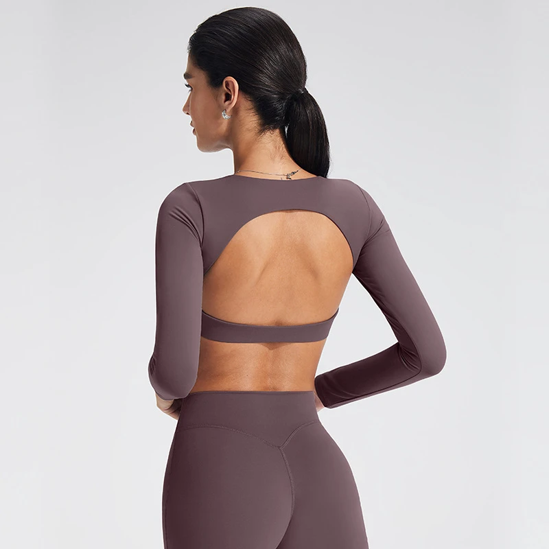 Women Hollow Back Quick Dry Yoga Crop Top Long Sleeve Breathable Fitness Training Athletic Wear