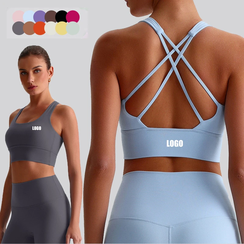 Women's Custom Logo 18 Colors Sports Bra with Padded Crisscross Back Yoga Top Naked Feeling Workout Set for Gym Fitness Running