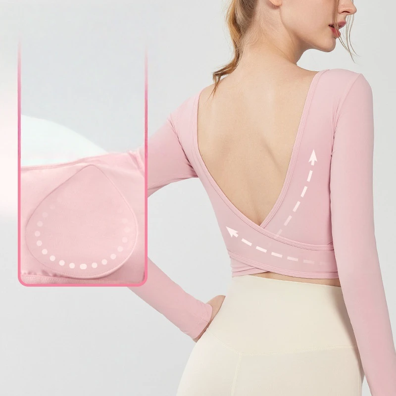 New Long-Sleeve Sports T-Shirt With Built-in Bra And Backless Square Neckline For Outerwear Yoga Top