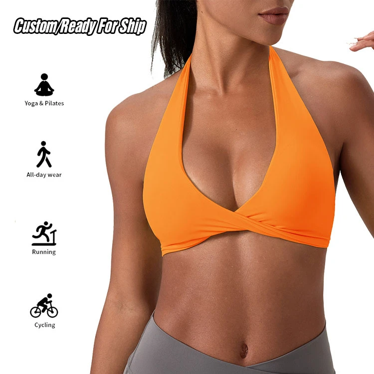 Custom Design Lightweight Seamless Breathable Pilates Wear Deep V Neck Twist Yoga Top Gym Fitness Underwear Running Halter Front