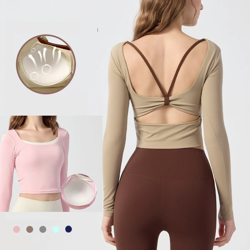 Women's Yoga Long-Sleeved Top Chest Pads Lightweight Spandex/Nylon Shockproof Four-Way Stretch Breathable Quick Dry Autumn Wear