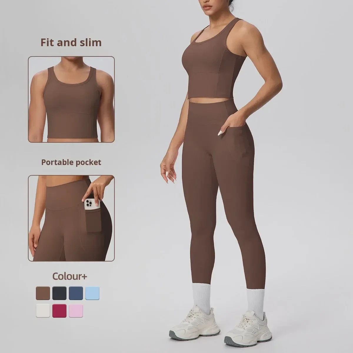 Double-Sided Brushed Sport Sets Breathable Wrinkle-Resistant High-Waisted Elastic Waist Pocket Long Yoga Outfit