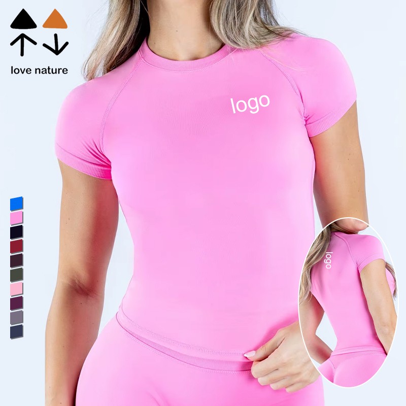 Custom Logo Breathable High Elastic Solid Workout T-shirt Short Sleeve Slim Fit Tops Seamless Fitness Yoga Shirt For Women