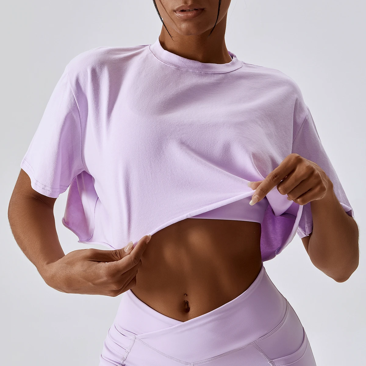 Ladies Round Neck Short Sleeve Raw Hem Cropped Yoga Tops Sweat-wicking Spring Casual Cotton Gym T-shirts 2023