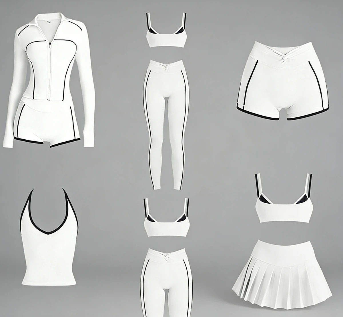 Custom Logo High Waist Fitness Six-piece Yoga Suit with Contrasting Bralette Top Trousers Shorts Pleated Skirt Zip-up Jacket