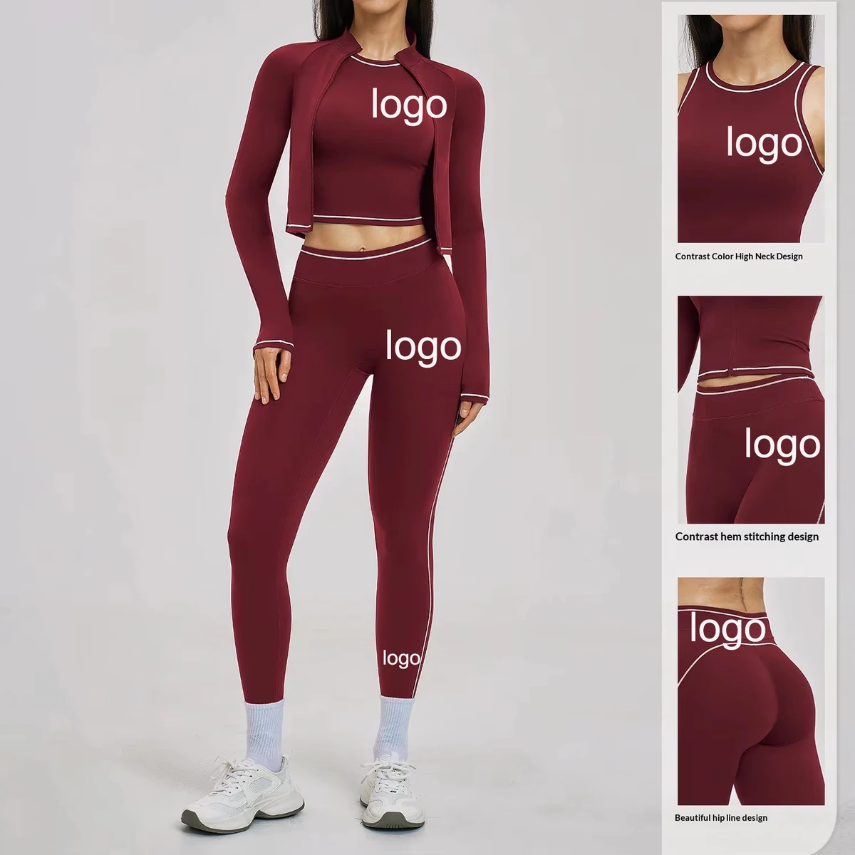 Custom Women Yoga Set 3 Piece Long Sleeve Crop Top High Neck Vest Legging Contrast Color Active Wear Gym Clothes Fitness Apparel