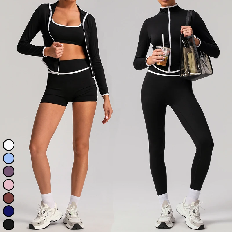 Women's Clothes Color-blocking Yoga Jackets Hip-left Sports Shorts Yoga Leggings Active Bra 6pcs Fitness Suits for Women