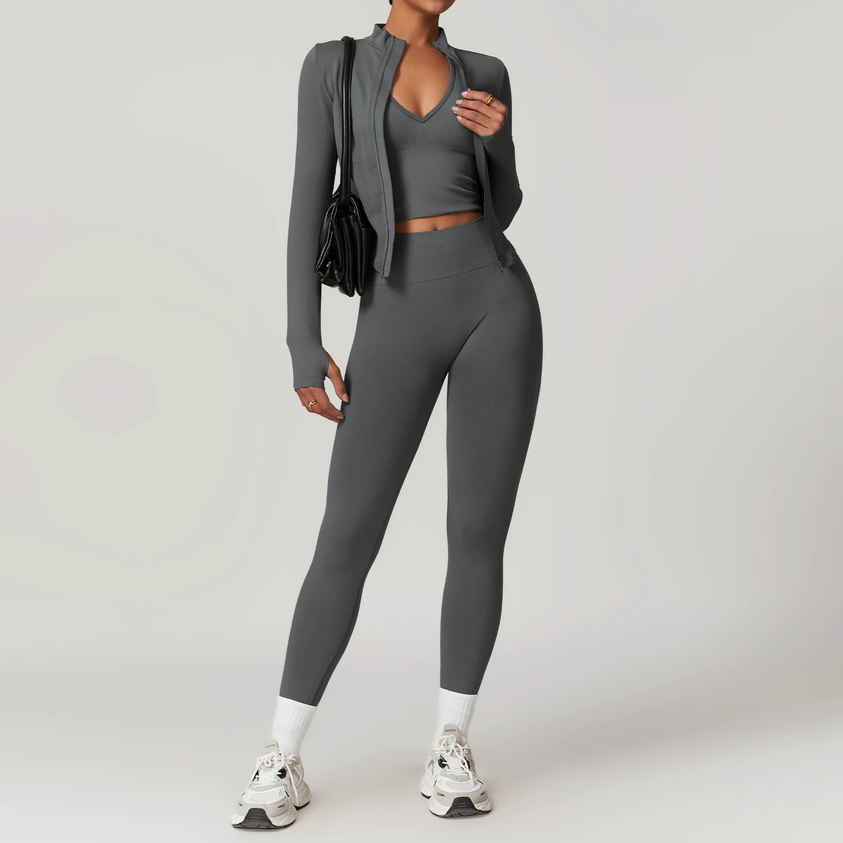 Breathable Solid 3-Pieces Seamless Halter Top Beautiful Back Sports Women's Sets Waist-controlling Hip-lifting Yoga Fitness Suit