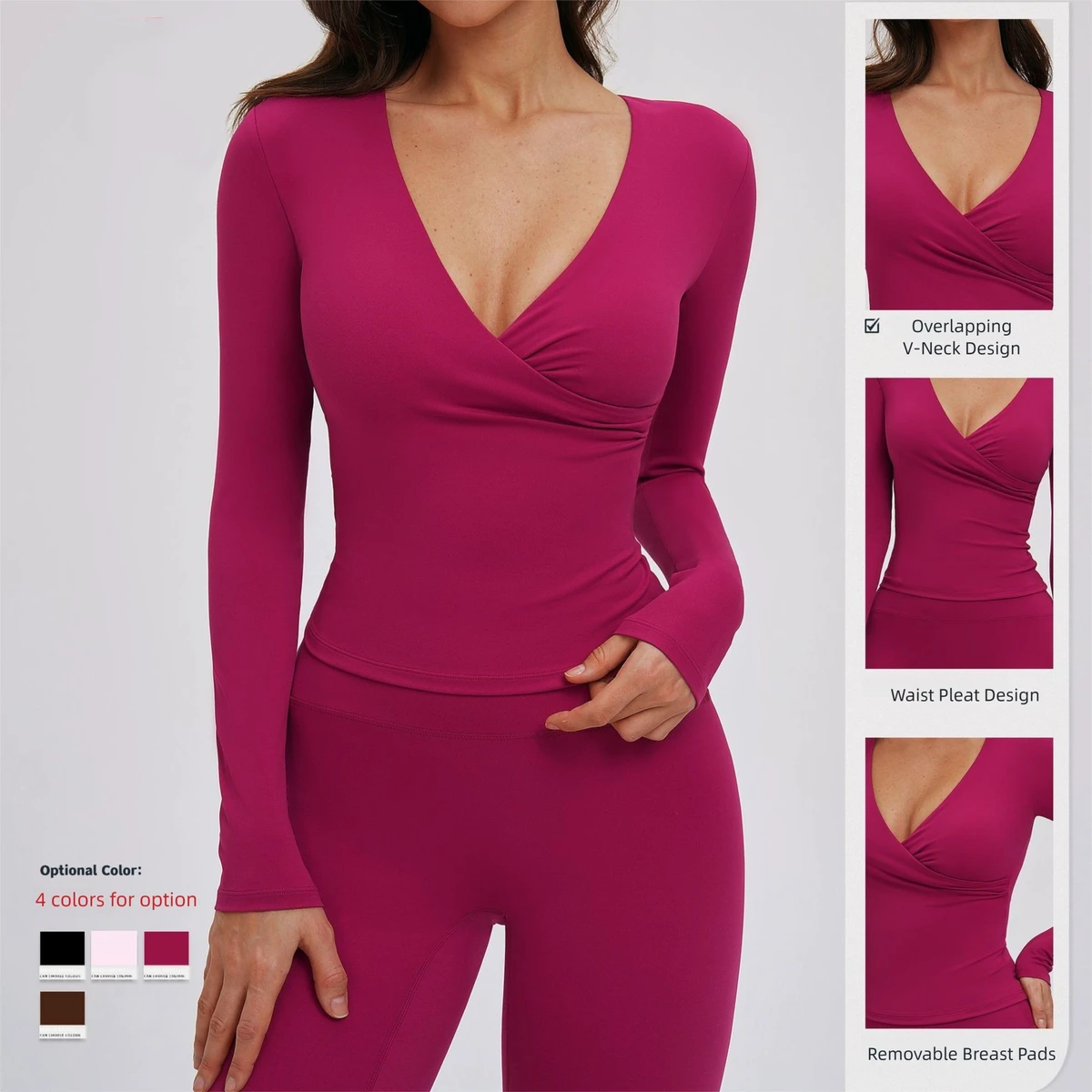 Running and Pilates Workouts Waist Pleat Design Removable Breast Pads Shirt Yoga Long Sleeve V-Neck T-Shirt for Outdoor Wear