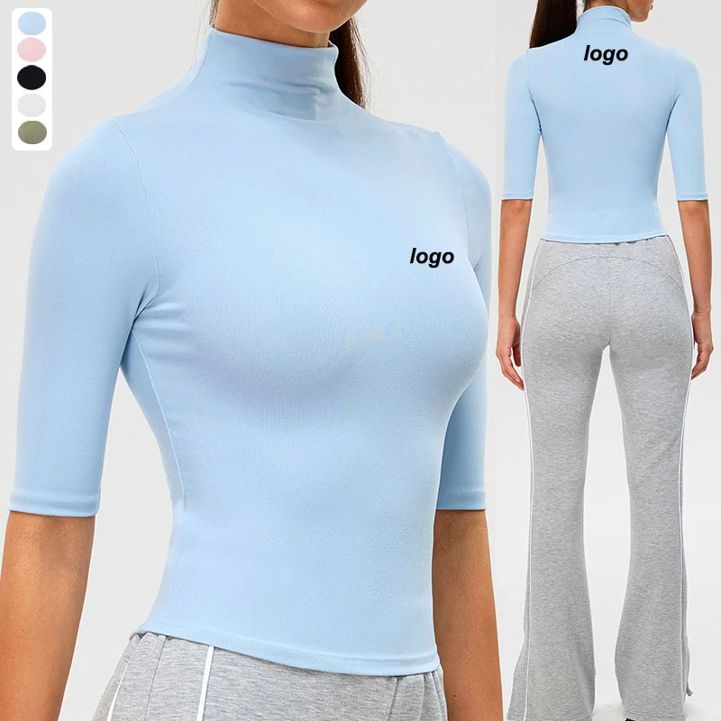 Seamless Yoga Top Gym Activewear Shirts Women High Collar Middle Sleeve Slim Fit Sweatshirts Breathable Knit Workout Outfits