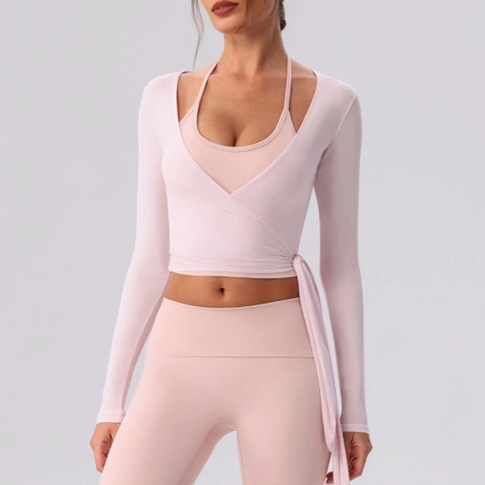 Ladies Long Sleeve V-neck Yoga Shirt Adjustable Tie Waist Slim Sports Pilates Workout Wear
