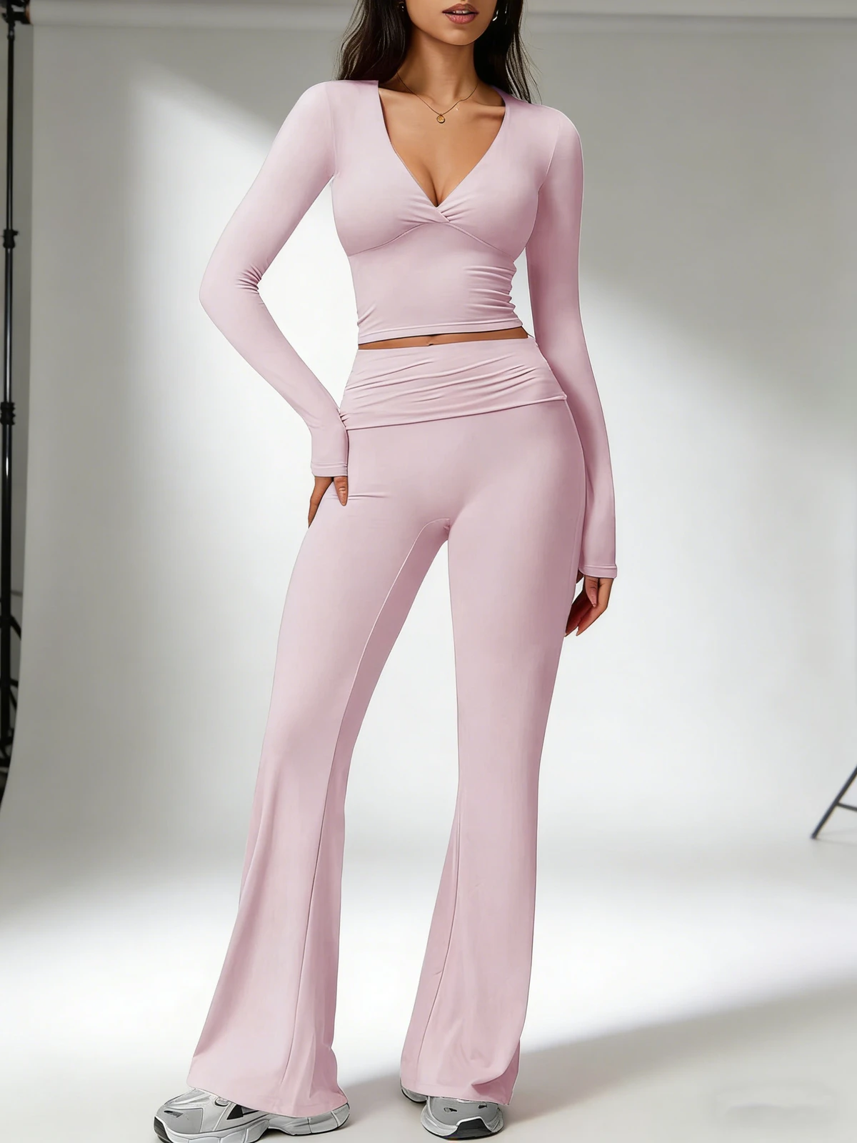 Deep-v Neck Design Sexy Yoga Long Sleeve Top Flare Pants Style Sports Pants Quick-drying Breathable 2 Piece Women Sets