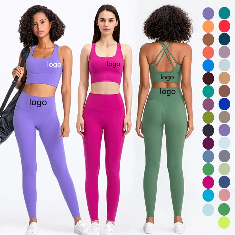 High Waist Shockproof Sport Bra Top Solid Color Breathable Gym Leggings Fitness Workout Yoga Set for Women Two Piece Yoga Set