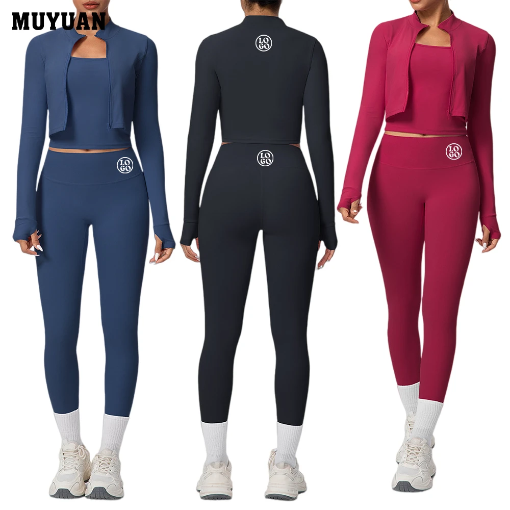 Custom Logo 3 Piece Yoga Set Nylon Spandex Long Sleeve Zip Jacket Sports Vest High Waist Flared Pants Workout Gym Fitness Wear