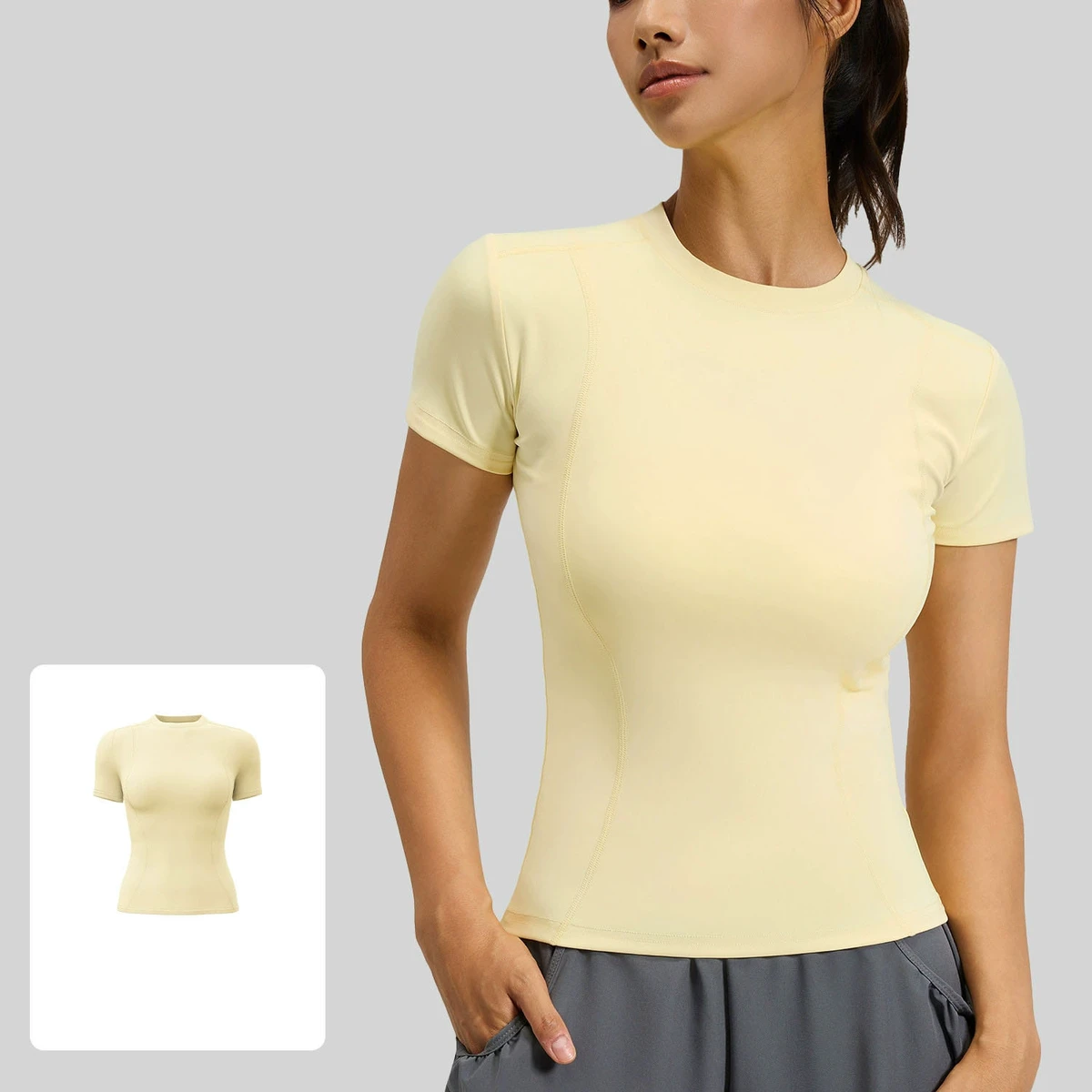 Pastel Yellow Fitness T-Shirt Women Soft Stretchy Running Top Tight Fit Training Tee Round Neck Short Sleeve Activewear