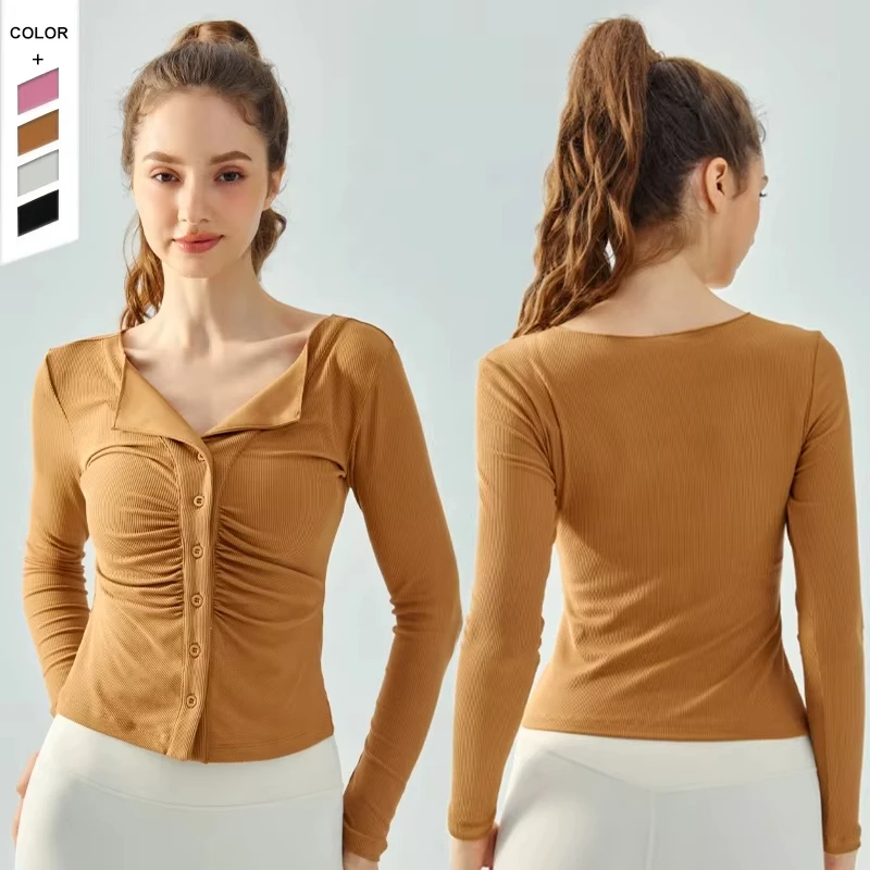MAYYOUNG In-Stock Skin-Friendly Breathable Fitness Top with V-Shaped Lapel and Front Pleats Long Sleeve Activewear