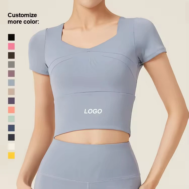 Women's New Spliced Yoga Fitness Top Short-Sleeved Pure Color Quick Dry Breathable Lightweight Seamless for Adults Slimming