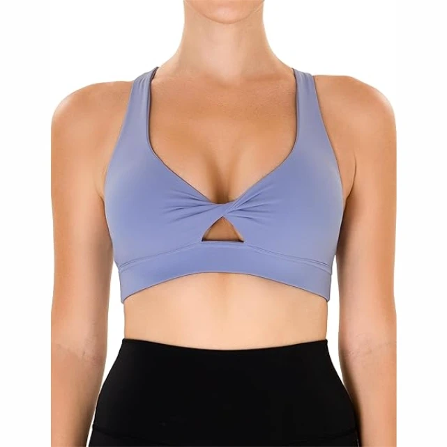 Women Sports Bra Purple Racerback Twist Front Hollow Out Medium Support Yoga Fitness Breathable Quick Dry Fitness Bra
